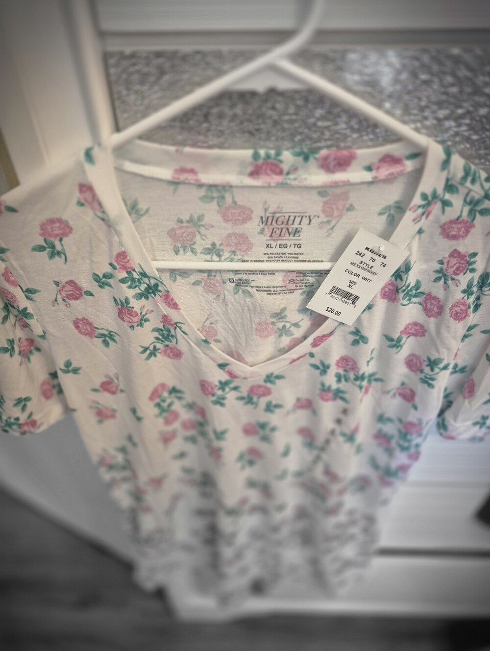 Mighty Fine White V-Neck Floral Tee with Pink Roses and Green Leaves